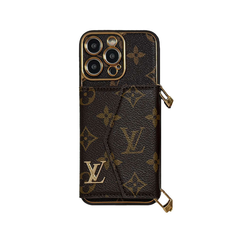 Funda de piel premium para iPhone con tarjetero y correa para el hombro - LV