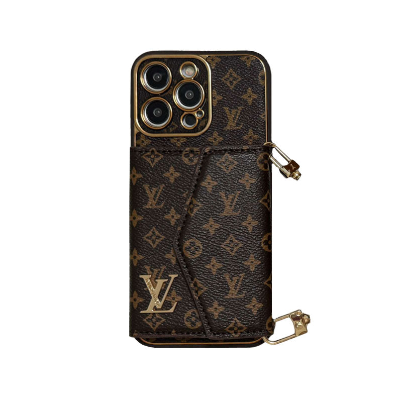 Funda de piel premium para iPhone con tarjetero y correa para el hombro - LV