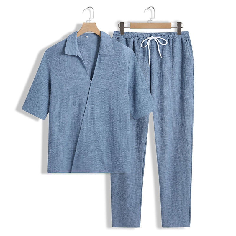 Ensemble 2 Pièces pour Hommes - Haut à Manches Courtes et Col en V et Pantalon